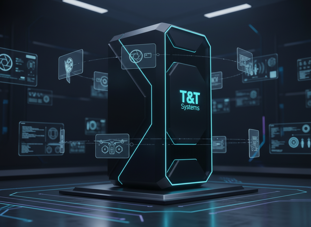A sleek, obsidian-black 3D-model server tower, its front panel segmented with subtle geometric lines and a glowing cyan T&t Systems logo, stands on a brushed metal platform. Around it, translucent holographic icons of photography, video, drone, DJ decks, and code orbit in slow arcs like digital satellites. The environment is a dark, futuristic control room with floating interface panels and faint circuitry patterns etched into the floor. Cool blue and violet rim lighting carves out crisp highlights on the tower’s glossy and matte surfaces, casting soft reflections. Shot from a low three-quarter angle with deep focus, the composition feels powerful and cinematic, projecting a bold, high-tech, dark-themed brand identity.