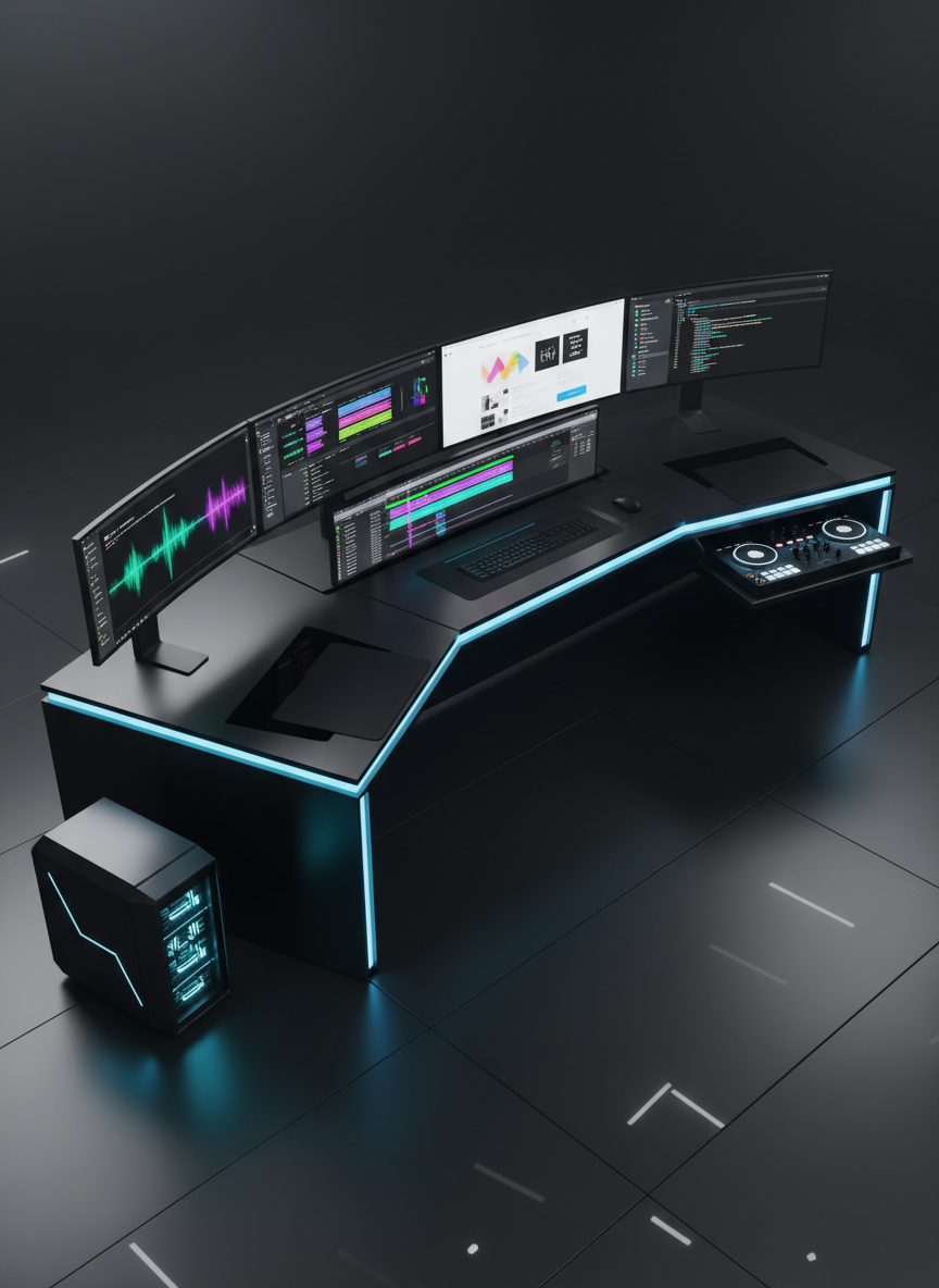 A 3D-model hybrid workstation desk crafted from matte black metal and smoked glass stretches across a shadowy studio space. On the surface, multiple ultra-wide curved monitors display vivid timelines of video editing, glowing waveforms of audio mixing, clean web design layouts, and system dashboards. A compact, angular IT support console with pulsing cyan light rests beside a sculpted, low-profile DJ controller. The room is lit by cool ambient LEDs embedded in the desk edges and subtle underfloor lighting, creating a moody, cyber-studio atmosphere. Shot from an elevated diagonal angle with a wide lens, every element is sharp, composing a dark, modern, tech-centric command center that unifies all services.