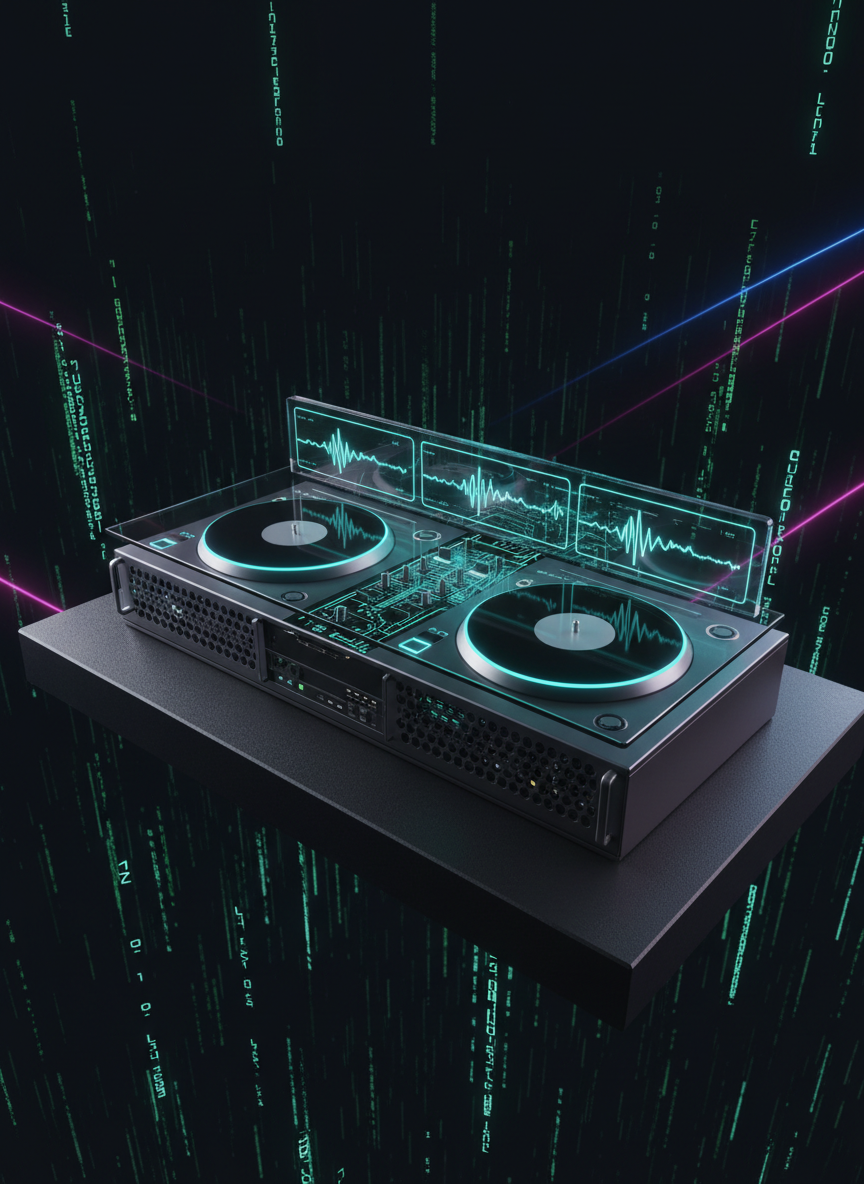 A 3D-model DJ rig merges with IT hardware on a raised, matte-black platform: twin, minimalist turntables fused into a rack-mounted server chassis, waveform displays embedded in the top plate, and glowing cyan data streams pulsing beneath a smoked-glass surface. The background fades into a deep, digital abyss of floating equalizer bars and code fragments. Subtle magenta and blue accent lights sweep diagonally across the scene, creating glossy highlights on metal edges and soft reflections on the glass. Captured from a dynamic, low side angle with a slight tilt and strong perspective lines, the composition feels energetic yet precise, symbolizing the fusion of entertainment technology and robust IT infrastructure.