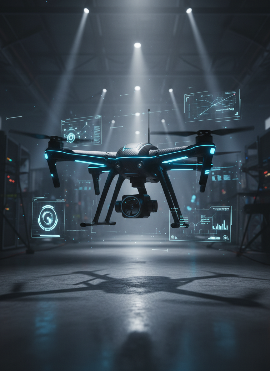 A hovering 3D-model quadcopter drone with a carbon-fiber body, matte black shell, and neon-blue edge accents pauses mid-air inside a dim, industrial-style tech hangar. Precision gimbaled camera lenses gleam beneath its body, reflecting faint grid lines from the polished concrete floor. Holographic overlays project flight paths, camera settings, and network status in the surrounding space. Overhead, narrow beams of cool white light slice through a low haze, creating dramatic shafts that rim-light the drone’s contours and cast complex shadows. Framed in a centered, slightly low-angle composition with shallow depth of field, the scene conveys precision, capability, and a cinematic, dark-futuristic aesthetic.