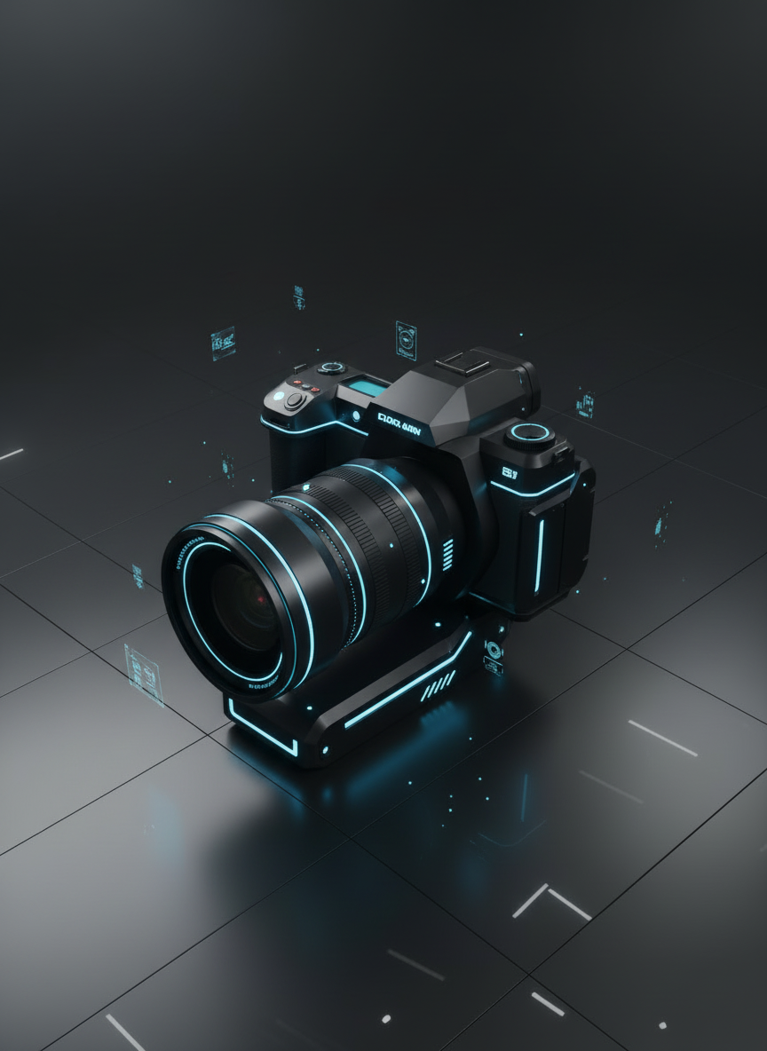 A high-tech digital camera with a large zoom lens, lit dramatically on a dark, reflective surface, in a futuristic style that matches the site's black-and-blue tech aesthetic
