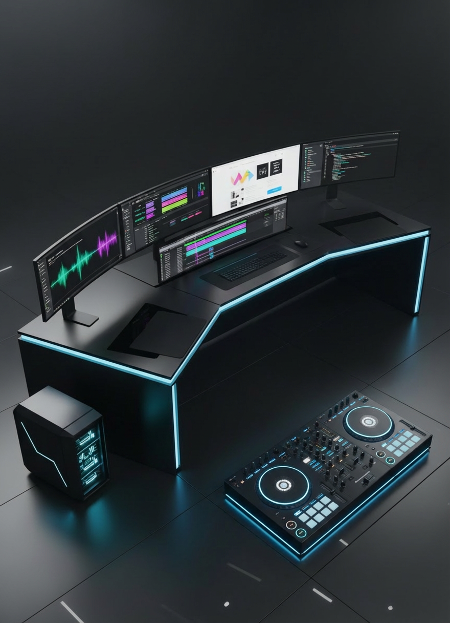Professional multimedia production and server workstation A futuristic desk with multi-monitors surrounded by server racks, film, and audio production equipment.
